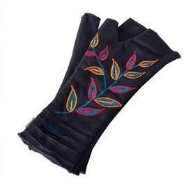 Vishes - Alternative Clothing - Embroidered Women's Gloves with Thumb Fleece Lined, Black Leaves
