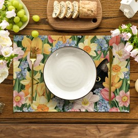 Artoid Mode Tulip Flowers Cat Spring Placemats Set of 4, 12x18 Inch Seasonal Summer Holiday Table Mats for Party Kitchen Dining Decoration