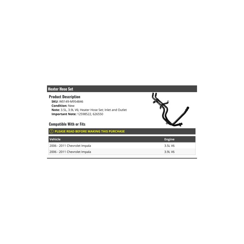 Heater Hose Set - Inlet and Outlet - Compatible with