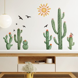 Mirabuy Boho Cactus Wall Decals Boho Sun Wall Stickers Tropical Cacti Green Plants with Birds Wall Decals for Living Room, Bedroom, Kitchen, Dining Room