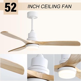 Sofucor 52 Inch Solid Wood Ceiling Fans with Lights and Remote, Dimmable 6-Speed Outdoor Ceiling Fan with Light, 3 Blade Ceiling Fan with 3-Timer Reversible DC Motor for Patio Bedroom