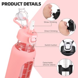 chunmo 32 oz Glass Water Bolttles with Straw Large Motivational Water Bottle with Time Marker Sports Water Bottles with Silicone Sleeve and Handle Lid Water Jug for Gym Workout
