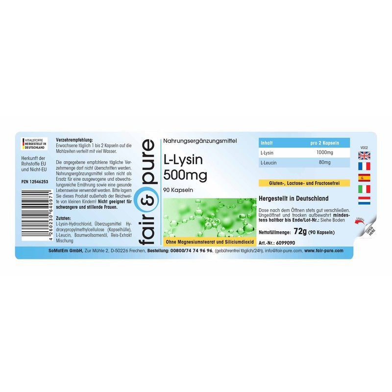 L-Lysine Capsules 500 mg - Vegan - No Magnesium Stearate