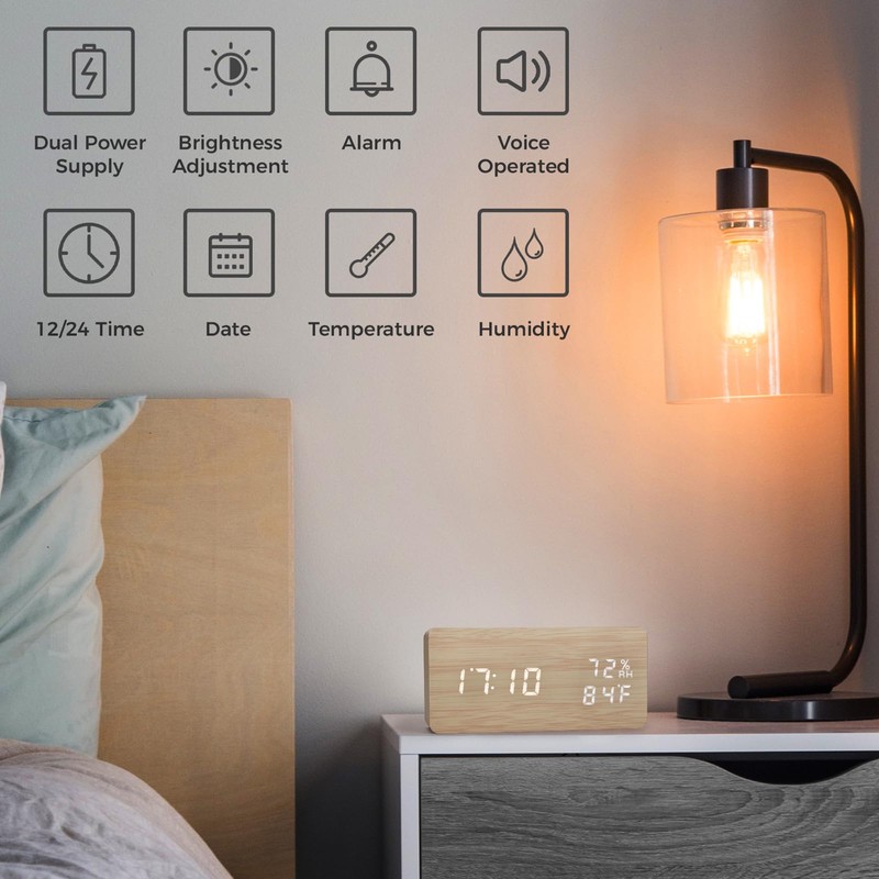 Virklyee Wooden Digital Cube Alarm Clock with LED Temperature Display,