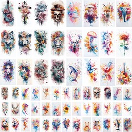 XMASIR 64 Sheets Temporary Tattoo Stickers, Large Arm Watercolor Fake Tattoos Waterproof Flower Animals Realistic 3D Roses Birds Floral Wolf Butterfly Body Art Stickers for Women and Man