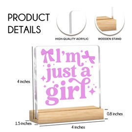 Pink Bow Girls Decor, Wooden Sign With Stand, Acrylic Office Desk Accessories Apartment Decoration I’m Just a Girl for Women Friend Coworker Sister Thanksgiving Christmas Birthdays Gifts