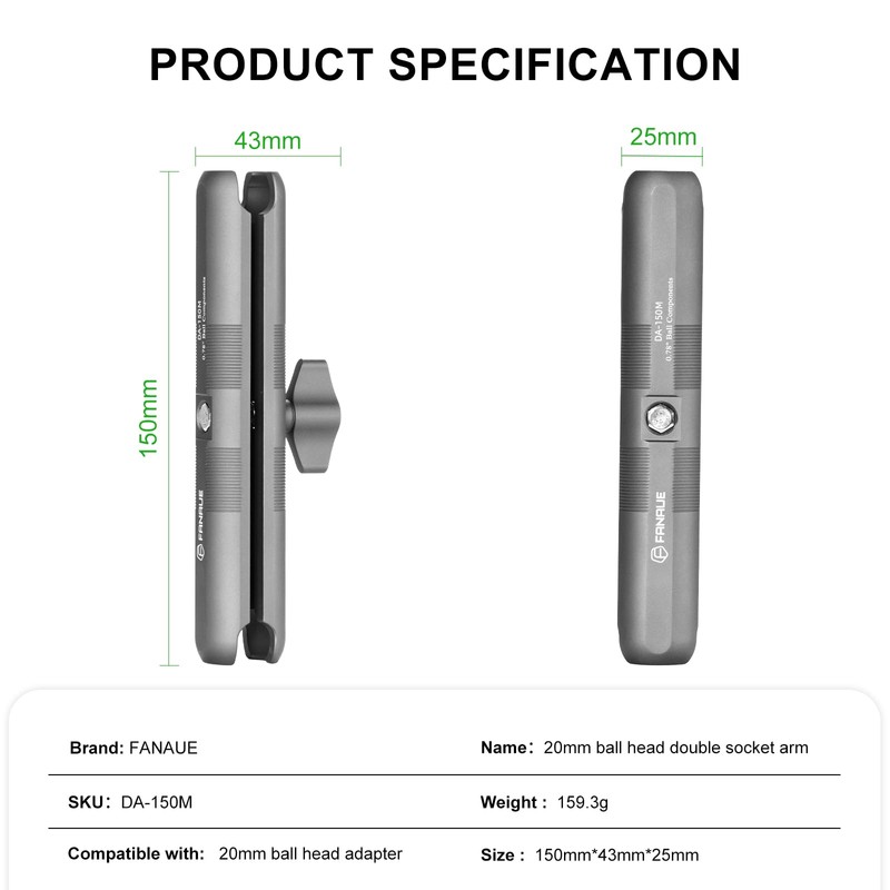 FANAUE Aluminum Mounting Arm - Dual 20mm Socket Ends for