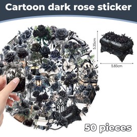 Yamobi Pack of 50 Gothic Stickers with Black Roses, Transparent Waterproof Vintage Scrapbook Stickers for Diaries, Gothic Decor, Planner, Dark Aesthetics with Flowers