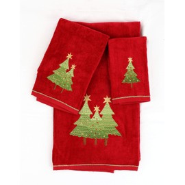 Marina Decoration Christmas Premium Luxury Decor Ultra Soft 100% Cotton Embroidered Bathroom Modern 3 Piece Towel Set, Red Green Color Christmas Tree Pattern