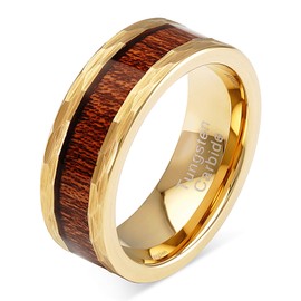 100S JEWELRY Tungsten Rings For Men Women Wedding Band Gold Hammered Edge Wood Inlaid Sizes 8-15 (14)