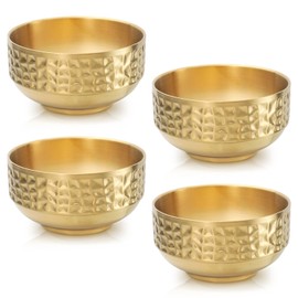 Roucerlin 4Pcs 13.5 Oz 304 Stainless Steel Small Gold Bowls, 4.9" Double Walled Insulated Cereal Dessert Bowl, Metal Deep Rice Soup Bowls Set, Ice Cream Bowl for Kitchen Cooking Camping