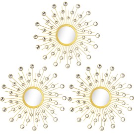 Uaussi 3 Pack Crystal Sunburst Wall Mirror Décor Rhinestone Mirrors Decorative Home Wall Art for Living Room Bedroom Entryway (16 inch Gold)