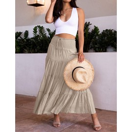 HAEOF Women's Summer Flowy Boho Maxi Skirt Trendy Smocked Waist Ruffle Tiered A Line Casual Beach Long Skirts Midi Dress(Khaki, M)