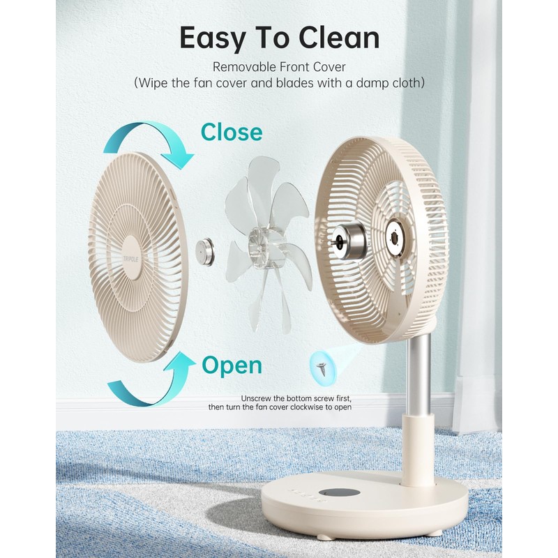 TriPole Foldable Standing Fan 12" Portable Rechargeable Battery Pedestal Fan