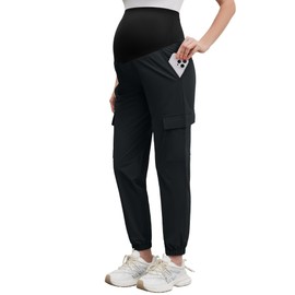 POSHGLAM Maternity Cargo Joggers Quick-Dry Lightweight Casual Lounge Hiking Active Pants(Black, Medium)