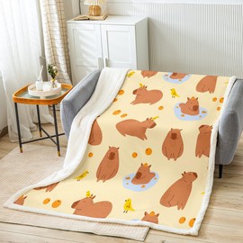 Homewish Capybaras Fleece Blanket 100 x 130 cm Cute Brown Capybaras Fuzzy Blanket for Toddlers Teens Youth, Cartoon Bird Capybara Orange Throw Blanket for Bed Couch, Yellow Brown