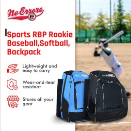 No Errors Sports RBP Rookie Baseball and Softball Backpack - Baseball and Softball Bat Bag with Fence Hooks for Kids, 2 Bat Pockets Bag for Boys and Girls(Black)