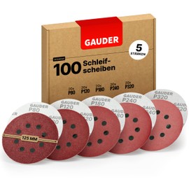 GAUDER Starter Sanding Discs Set for Random Orbital Sanders Diameter 125 mm | Pack of 100 Sandpaper Velcro | 8 Hole Sanding Sheets Round Each 20 x 80/120/180/240/320 Grit