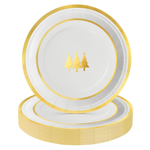 Horaldaily 24Pcs Christmas Paper Plates, Gold Foil Christmas Pine Trees