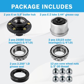 Trailer Idler Hub Kit 6 on 5.5” for 5200 to 6000 lbs 1-3/4“ Trailer Axle,Trailer Hub 6 Lug Pre Installed with Bearing Race Include 15123 Bearing Kits,2 Sets