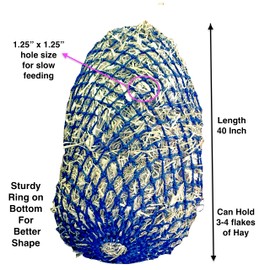 Majestic Ally 1.25”x1.25” Holes Ultra Slow Feed 38” Very Sturdy Hay Net with Bottom Ring for Horses, Nylon monofilament Rope Hanging, Travel Feeder for Trailer and Stall, Reduces Waste (Royal Blue)