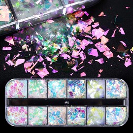 Holographic Mermaid Nail Art Glitter Flakes JMEOWIO 12 Grids Holographic Nail Foil Gradient Bright Iridescent Ice Slag Nail Sequins Paillettes Summer Nail Art Decoration for Women Girls