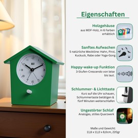 KOOKOO EarlyBird Green Alarm Clock with Bird Melody (Original Recording) or Triad Tone