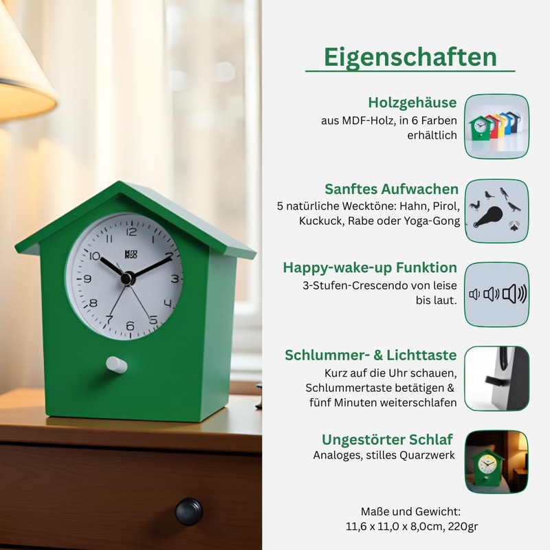 KOOKOO EarlyBird Green Alarm Clock with Bird Melody (Original Recording)