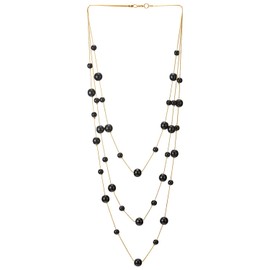 Gold White Statement Necklace Three-Strand Long Chains with Black Pearl Beads, Elegant, Dress(CA)