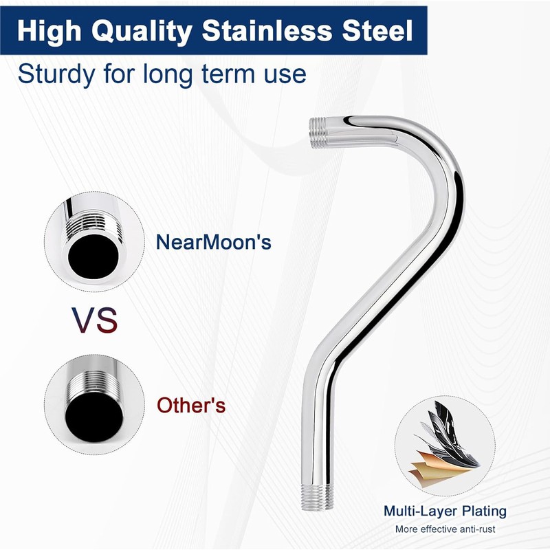 NearMoon J Shaped Shower Extension Arm, Stainless Steel Shower Head