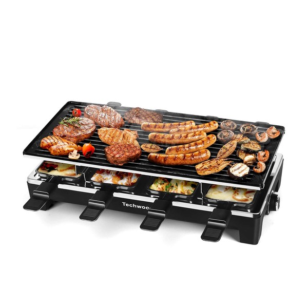Raclette Table Grill, Techwood Electric Indoor Grill Korean BBQ Grill, Removable 2-in-1 Non-Stick Grill Plate, 1500W Fast Heating with 8 Cheese Melt Pans, Ideal for Parties and Family Fun (Black)