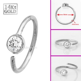 20G 14K White Gold Diamond Nose Hoop Ring 2.5mm(0.08ctw) Solitaire Bezel Set Diamond 8mm Twist-open Nostril Ring Cartilage Hoop Tragus Ring Unisex 14KNHBZ-WD25WG