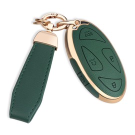 QBUC for Hyundai Key Fob Cover with Key Chain, Upper Leather + Soft TPU Car Key Case for Hyundai Ioniq 6 Grandeur GN7 KONA Elanrtra Santa Fe Tucson (2023-2025) Sonata (Green, 5 Buttons)