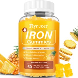 Vegan Iron Supplement Gummies for Adults & Kids - with Vitamin A, C, B-Complex, Folate, Zinc - Blood Health Support & Energy Support for Iron Deficiency, Anemia, Pineapple Flavor (60 Count)