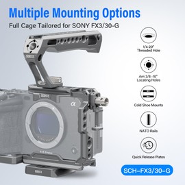 SIRUI FX3/FX30 Camera Cage Camera Cage with Top Handle, Camera Body with HDMI Cable Clamp, 1/4 Inch - 20 Thread Holes, Compatible with Sony FX3/FX30 Original XLR Handle, Grey