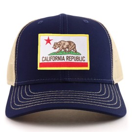Armycrew California State Flag Patch 6 Panel Oversized XXL Two Tone Mesh Back Trucker Cap - Navy Khaki