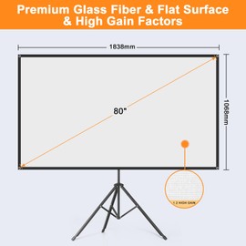Projector Screen with Stand, 80 Inch Portable Projector Screen Outdoor Indoor, 1.2 Gain Fiberglass Projection Screen, 16:9 Outdoor Movie PVC Screen with Carrying Bag for Movie Night(White Screen)
