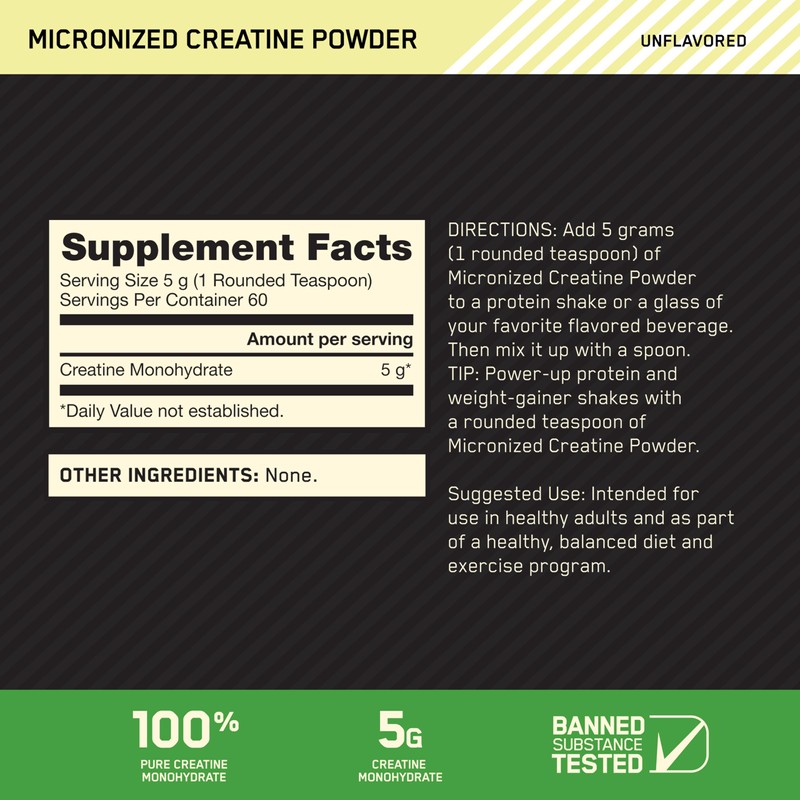 Optimum Nutrition Micronized Creatine Monohydrate Powder, Unflavored, 60 Servings, 300