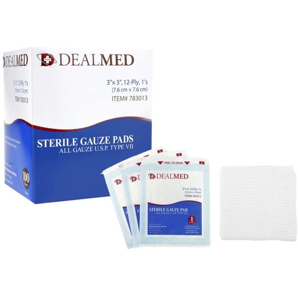 Dealmed 3’’ x 3’’ Sterile Gauze Pads, Individually Wrapped for Wound Dressing, Absorbent Gauze Sponge Pads for First Aid, Home Kits, and Wound Care, 100 Count (Pack of 1)