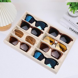 SPAKOWN Sunglass Organizer Tray 2 Pcs, Stackable Sunglass Display Trays for Drawers Velvet Glasses Storage Organizer Sunglasses Organizer 8 Grids for Men Women (Beige)