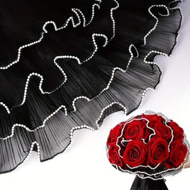 ZAAWUUT 4.37 Yards Bouquet Packaging Paper,Pearl Edge Flower Wrapping Paper Wrinkle Translucent Mesh Paper for Florist Supplies Wedding Decor Gift Packaging (Black, Small)