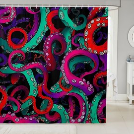 Octopus Tentacles Shower Curtain Kids Ocean Kraken Print Bath Curtain with 12 Hooks Cloth Fabric Bathroom Green Red Sea Life Decor Waterproof Polyester Bathroom Curtain for Bathtubs Stalls 72"Wx72"L