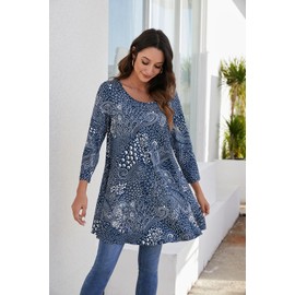 Enmain Tunic Tops for Women UK Long Sleeve Casual Longline Ladies Tunic Dress for Leggings Round Neck Swing Top for Festival Party Gym Work,Navy Blue,L