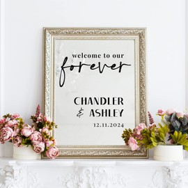 Vinyl Wall Art Decal - Custom Welcome to Our Forever - 14" x 14.5" - Trendy Married Couple Quote Sticker for Wedding Reception Sign Entryway Wine Glass Party Decor (Black)