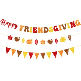 Glittery Happy Friendsgiving Banner Thanksgiving Banner Decorations Maple Leaves Turkey Pumpkin Signs for Fall Thanksgiving Day Party Decorations Friendsgiving Home Party Supplies