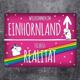 Honeycorns Metal Sign with Unicorn City Sign Motif and Saying: Welcome to Unicorn Land Aluminium Sign Advertising Sign Door Sign Warning Sign City Unicorn Land Reality Welcome Unicorn