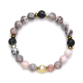 Fukugems Pink Zebra Jasper Lava Yoga Mediation Bracelet for Woman Man Yoga Chakra Crystal Healing Happy Mood Bracelet Relaxing Praying Bracelet, (M007)