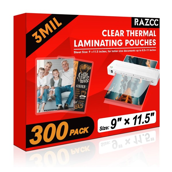 RAZCC Laminating Sheets, 300 Pack Clear Thermal Laminating Plastic Paper