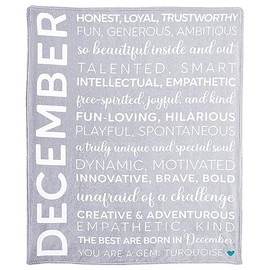 Pavilion Gift Company - December - Birth Month Royal Plush Blanket, Birthday Throw, Birthday Blanket, Blue Embroidered Heart, 1 Count, 50 x 60-inch, Gray