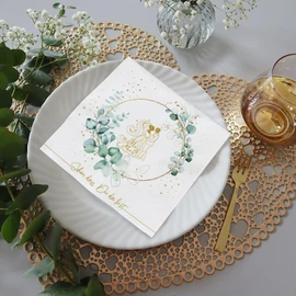 20 Napkins Eucalyptus Wedding Green with Bride and Groom Gold White for Marriage, Engagement, Wedding Table Decoration "Schön dass Du da bist " [German Language] Wedding Decoration Table 33 x 33 cm